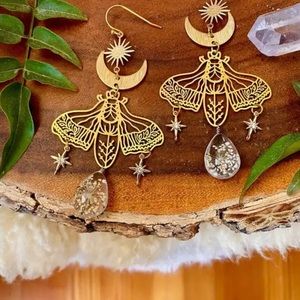 Resin Pressed Flower Drop Gold Luna Sol Moth Wanderlust Earrings